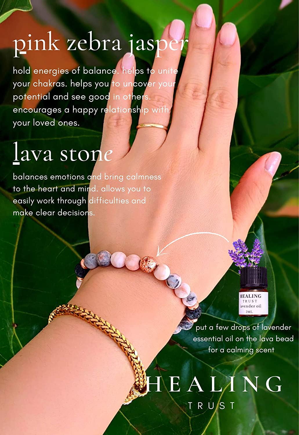 [Healing Trust] Lava Rock Bracelet with Lavender Essential Oil, Pink Zebra Jasper Essential Oil Diffuser Bracelet, Yoga Mediation Bracelet Stone Diffuser, Relaxing Aromatherapy Diffuser Bracelet, Pink Bracelet for Women and Men - Image 2